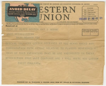 1933 Western Union Telegram From Hall of Famer Eddie Collins